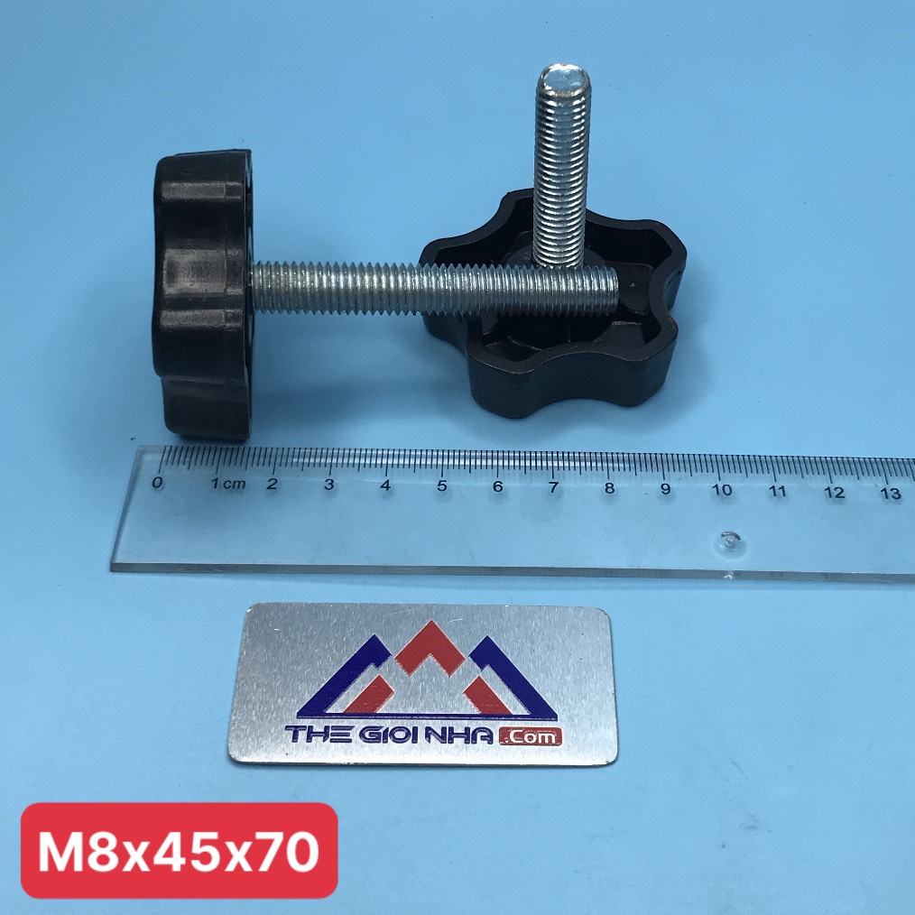 Bu lông có núm vặn nhựa M8, KT M8x45x70 (Đường kính ren M8 x Đường kính ngoài đầu hình sao 45mm x dài phần ren 70mm)