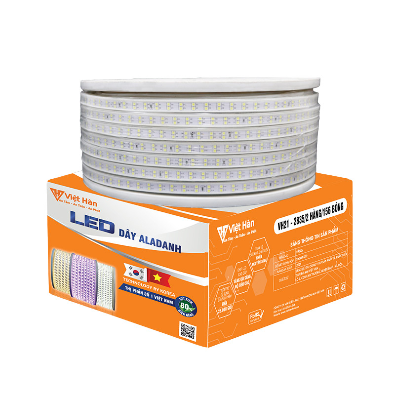 Led dây Aladanh Việt Hàn 7-7.5w/m VH21N 2835/2 hàng/156 bóng, điện áp AC220V, ánh sáng đa sắc