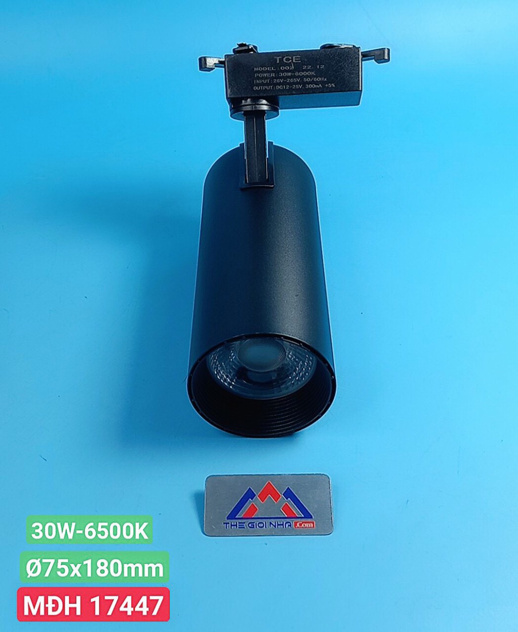 Đèn led chiếu điểm gắn thanh ray thân đen 30W TCE CD 002, Ánh Sáng Trắng, kích thước Ø75x180mm