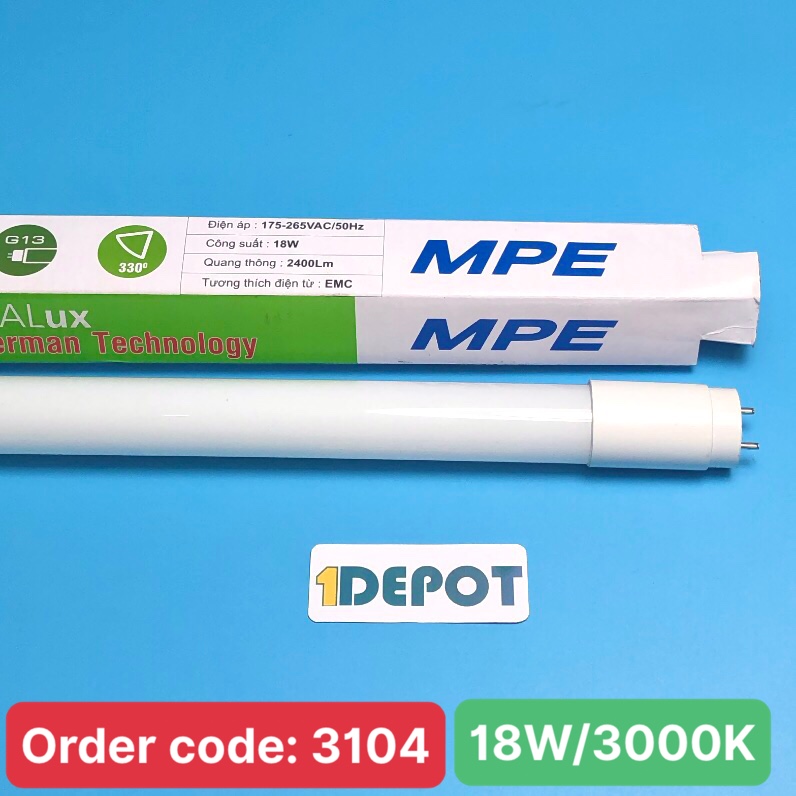 Đèn led tube T8 thủy tinh 1m2 18w, MPE GT8-120V, ánh sáng vàng, đóng gói 1 cái/hộp - 25 cái/thùng