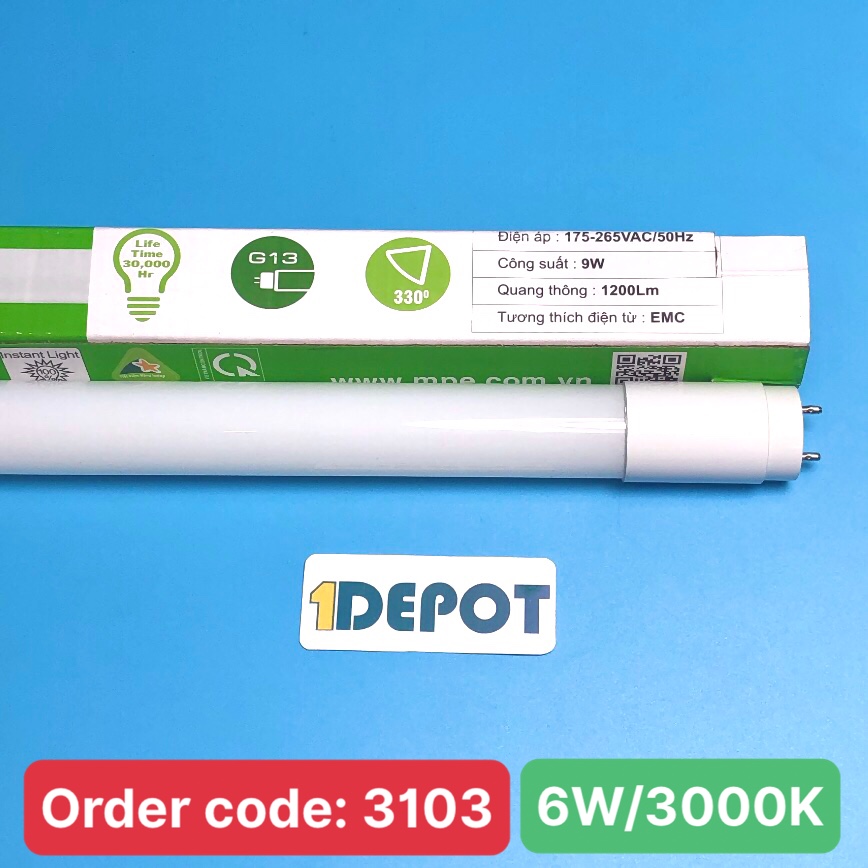 Đèn led tube T8 thủy tinh 6 tấc 9w, MPE GT8-60V, ánh sáng vàng, đóng gói 1 cái/hộp - 25 cái/thùng